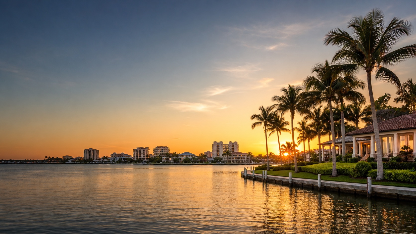 Sunny Marco Island waterfront homes, beach, palms, and Gulf water