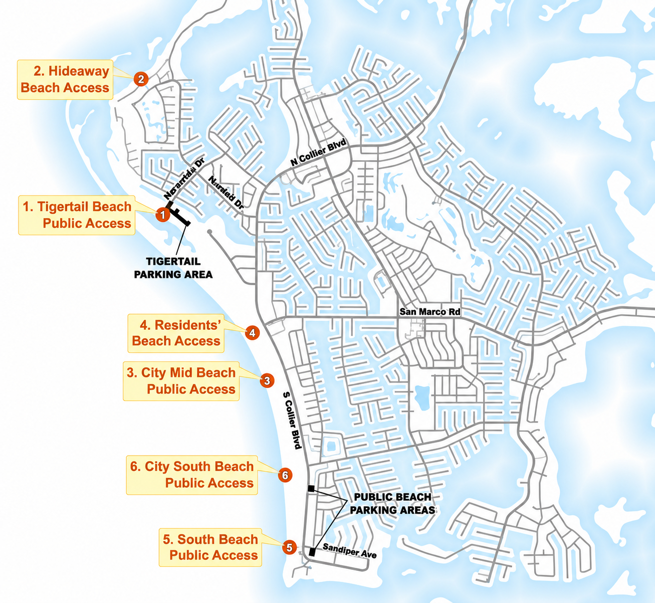 Map of Marco Island beach access points, including Tigertail Beach, Hideaway Beach, Residents' Beach, City Mid Beach, City South Beach, South Beach, and public parking areas